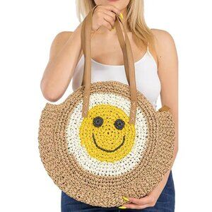 Smiley Happy Face Round Straw Beach Tote Bag NWT